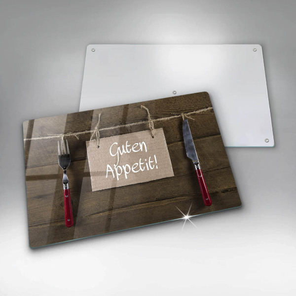 Skärbräda glas modern På brädorna står det Guten Appetit