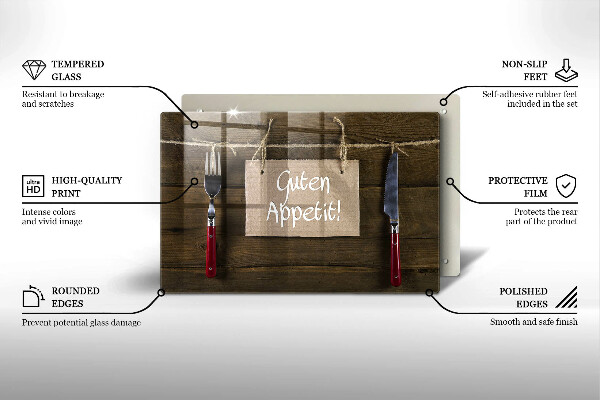 Skärbräda glas modern På brädorna står det Guten Appetit