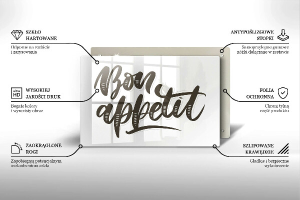 Skärbräda glas modern Inskriptionen Bon Appetit
