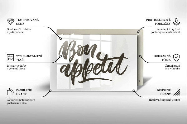 Skärbräda glas modern Inskriptionen Bon Appetit