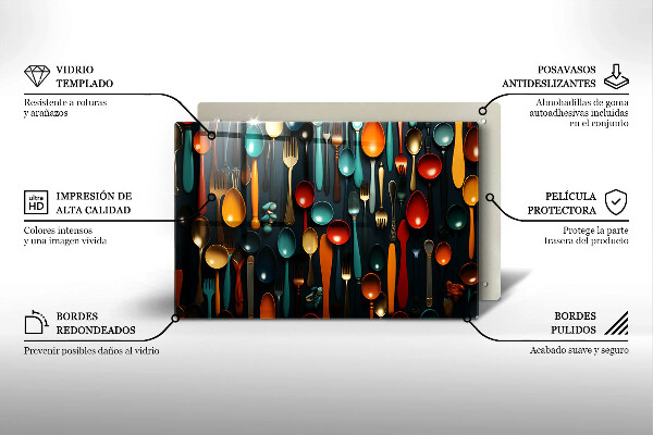 Skärbräda glas modern Färgglada skedar och gafflar