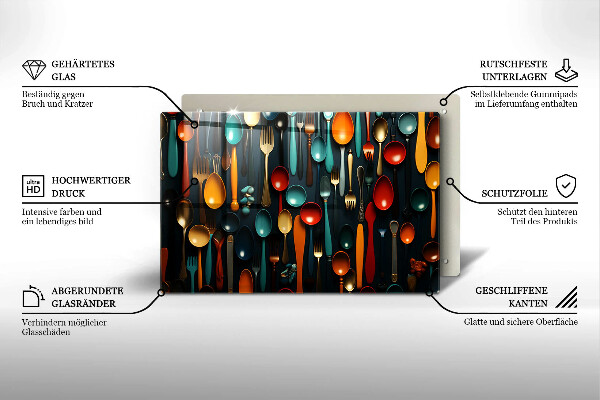 Skärbräda glas modern Färgglada skedar och gafflar