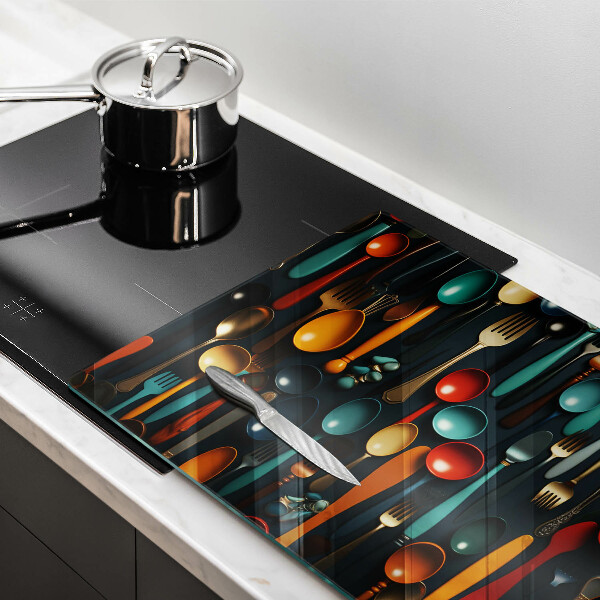 Skärbräda glas modern Färgglada skedar och gafflar