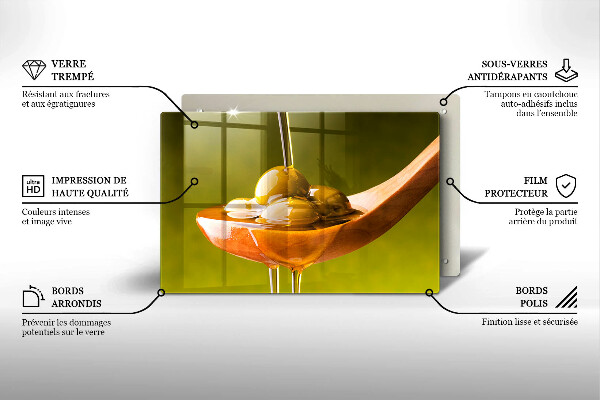 Skärbräda glas modern Olivolja och oliver