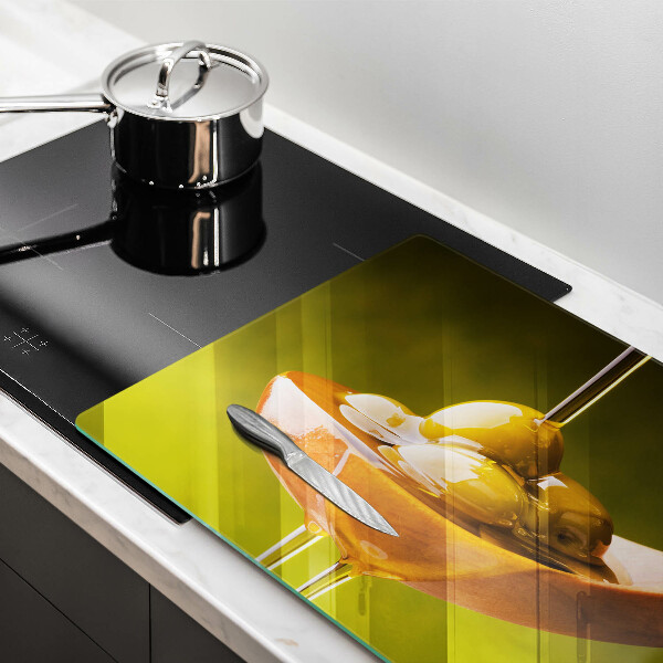 Skärbräda glas modern Olivolja och oliver