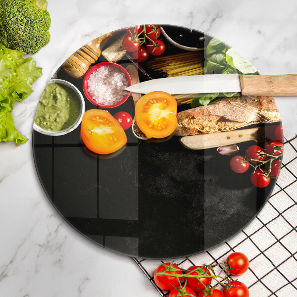 Skärbräda glas unik Italienska ingredienser och kryddor