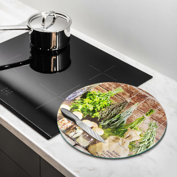 Skärbräda glas unik Örter kryddor och trä