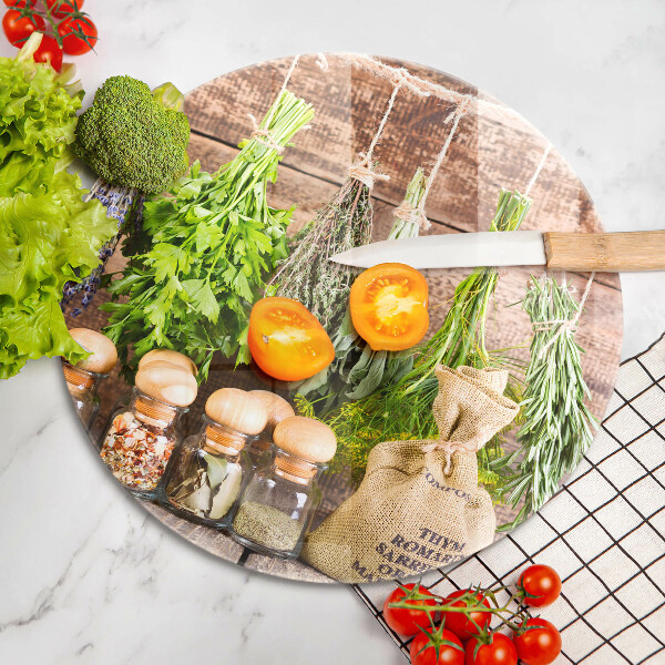 Skärbräda glas unik Örter kryddor och trä