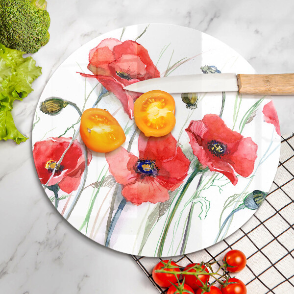 Skärbräda glas unik Röda vallmoblommor