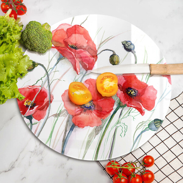 Skärbräda glas unik Röda vallmoblommor