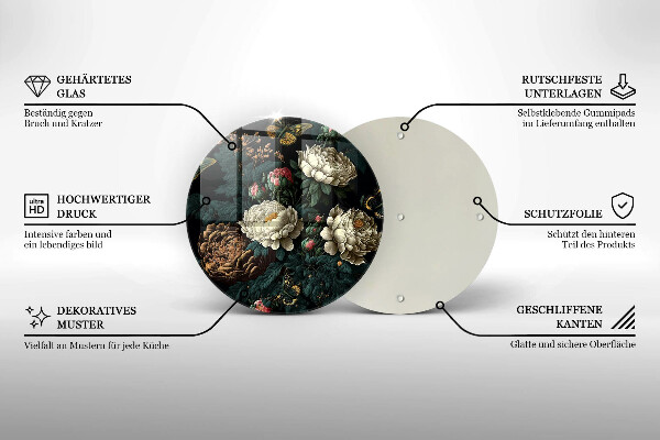 Skärbräda glas unik Vintage pionblommor