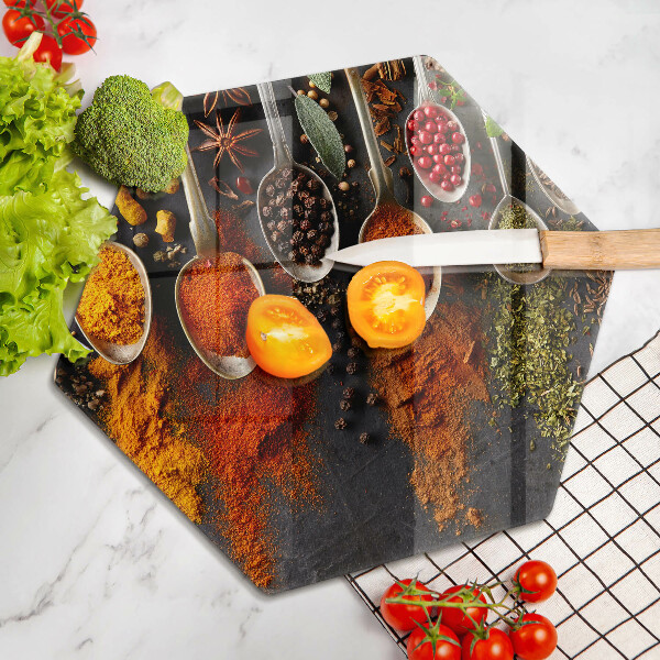 Skärbräda glas sexhörning Skedar med kryddor