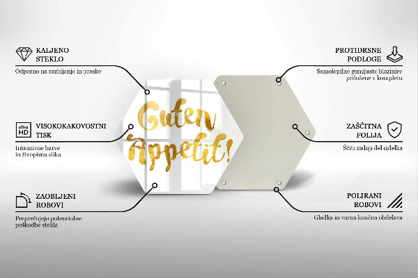 Skärbräda glas sexhörning Inskriptionen Guten Appetit!