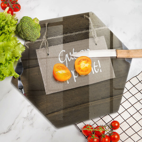 Skärbräda glas sexhörning Guten Apetit inskription på tavlor