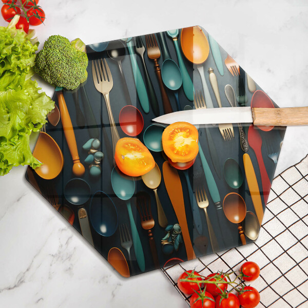 Skärbräda glas sexhörning Färgglada skedar och gafflar