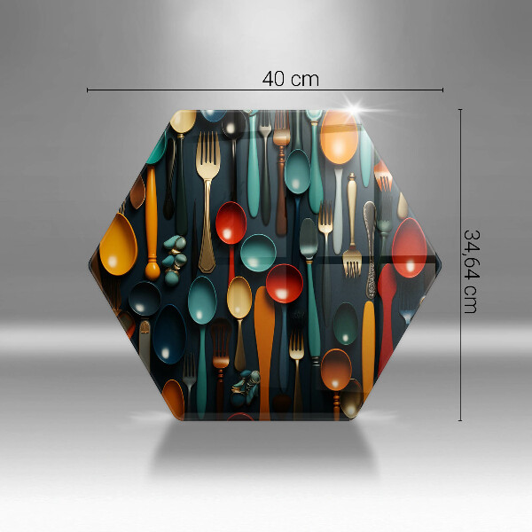 Skärbräda glas sexhörning Färgglada skedar och gafflar