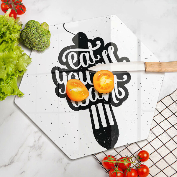 Skärbräda glas sexhörning Inskriptionen Ät ni alla vill ha