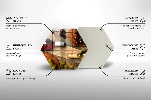 Skärbräda glas sexhörning Vinflaskor och druvor