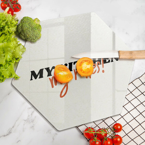 Skärbräda glas sexhörning Inskriptionen Mitt kök mina regler