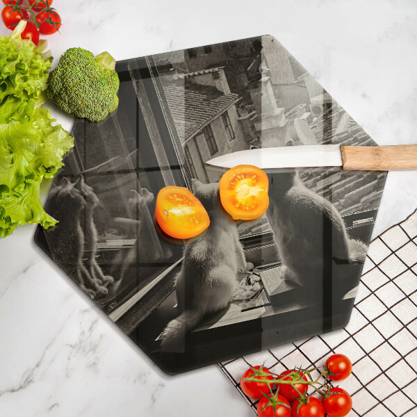 Skärbräda glas sexhörning Katter stad och fönster