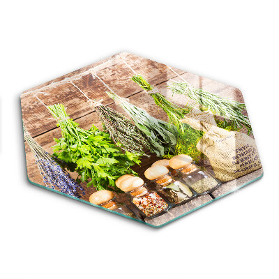 Skärbräda glas sexhörning Örter kryddor och trä