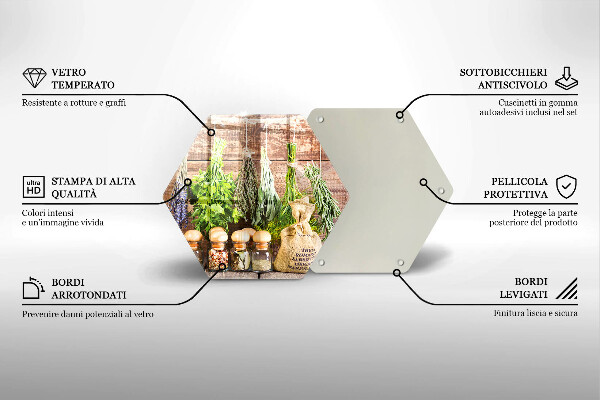 Skärbräda glas sexhörning Örter kryddor och trä