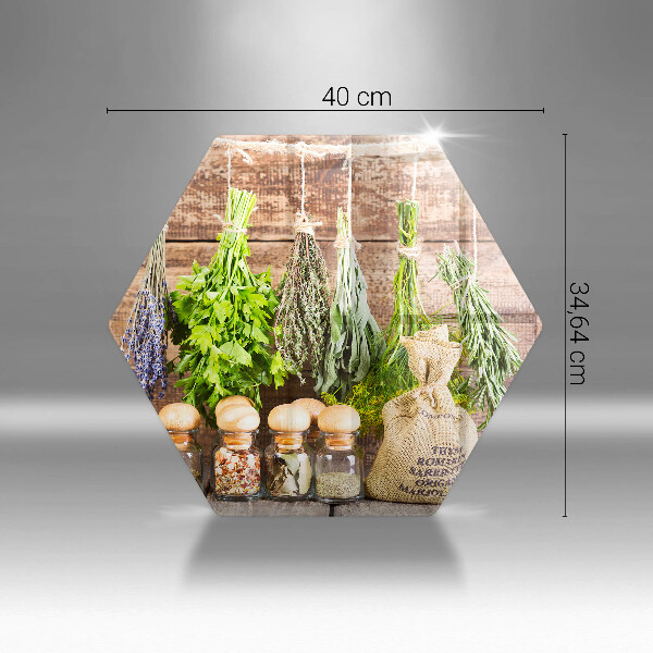 Skärbräda glas sexhörning Örter kryddor och trä