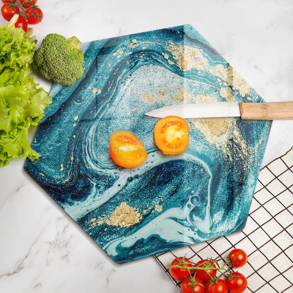 Skärbräda glas sexhörning Blå guld abstraktion