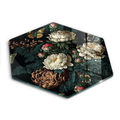 Skärbräda glas sexhörning Vintage pionblommor