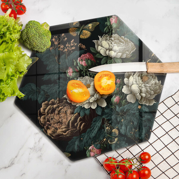 Skärbräda glas sexhörning Vintage pionblommor