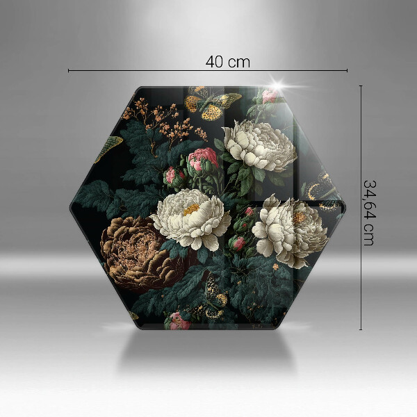 Skärbräda glas sexhörning Vintage pionblommor