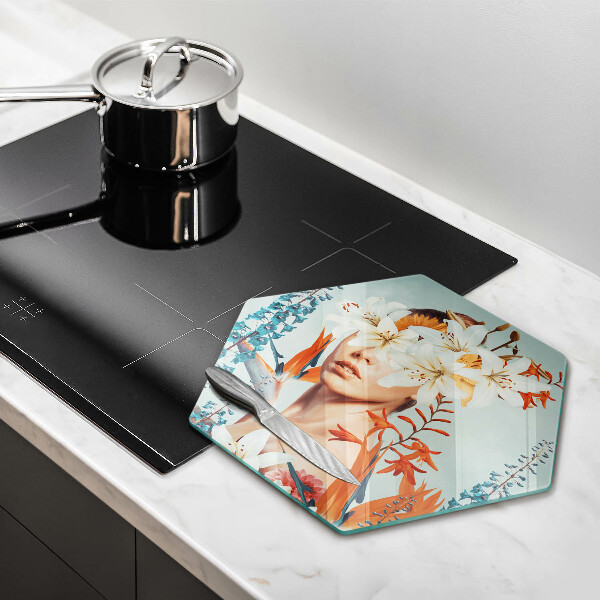 Skärbräda glas sexhörning Kvinna i blommor