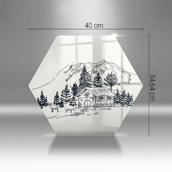 Skärbräda glas sexhörning Ritning av en stuga i bergen