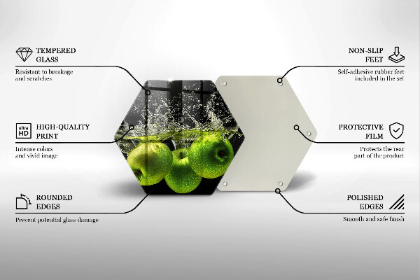 Skärbräda glas sexhörning Gröna äpplen och vatten