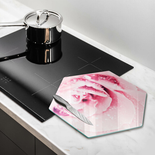 Skärbräda glas sexhörning Daggdroppar och rosblomma