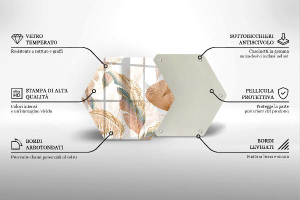 Skärbräda glas sexhörning Boho fjädrar och löv