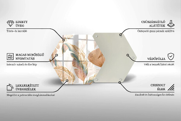 Skärbräda glas sexhörning Boho fjädrar och löv