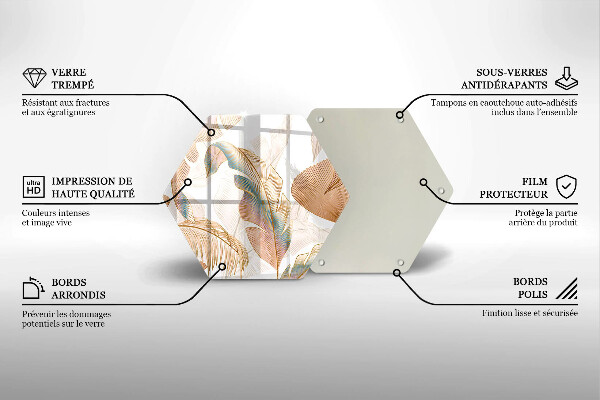 Skärbräda glas sexhörning Boho fjädrar och löv