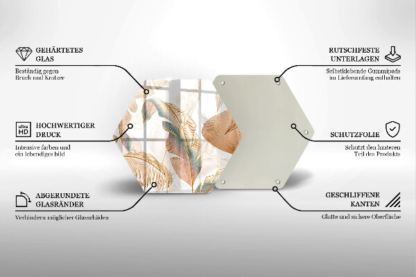 Skärbräda glas sexhörning Boho fjädrar och löv