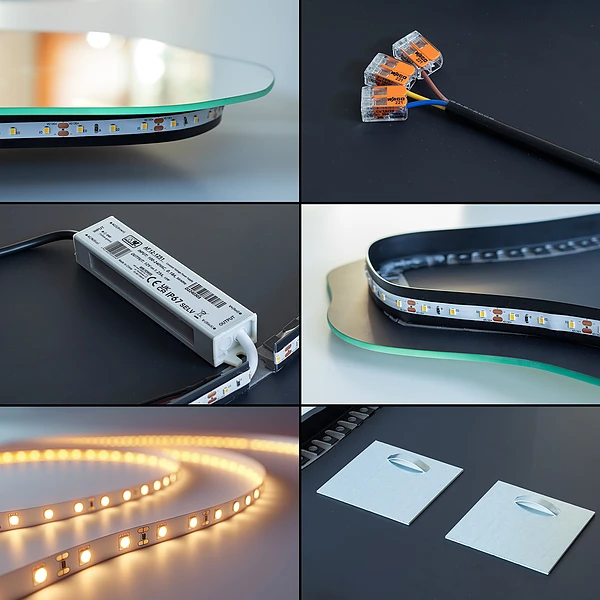 Oregelbunden spegel med LED på väggen 45x90