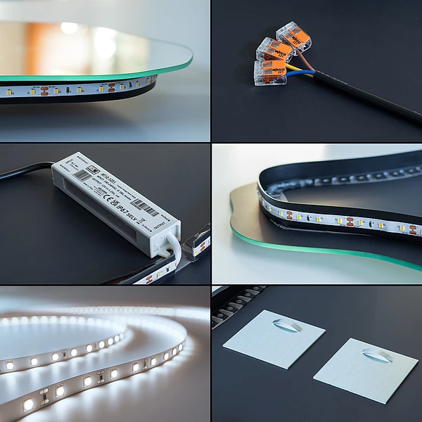Oregelbunden spegel med LED på väggen 45x90