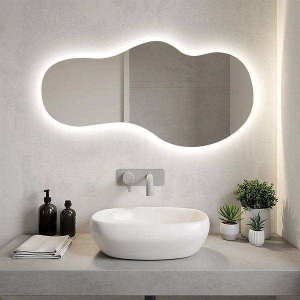 Oregelbunden spegel med LED på väggen 45x90