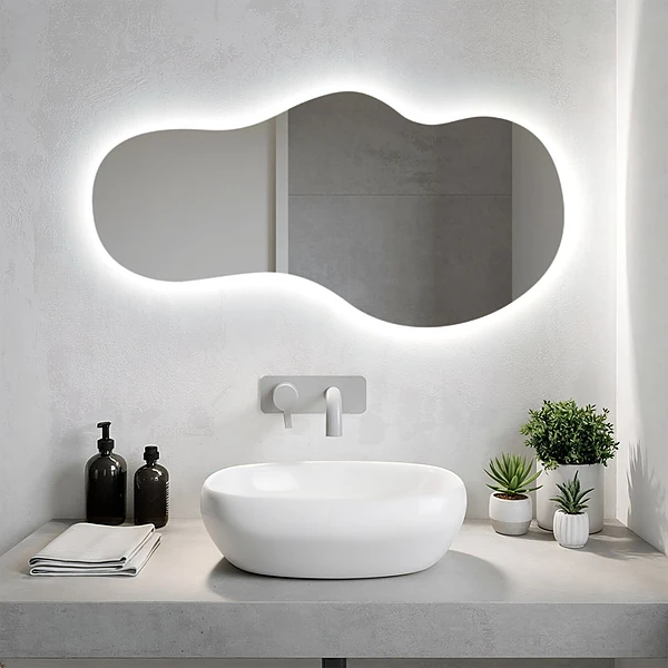 Oregelbunden spegel med LED på väggen 45x90
