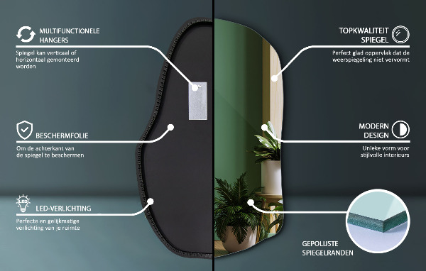 Asymmetrisk spegel med belysning unik 70x46 cm