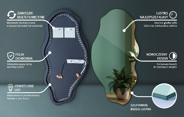 Spegel organisk form fläck med led belysning 50x100 cm