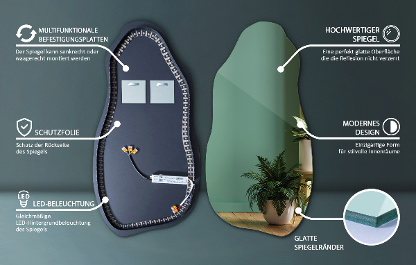 Asymmetrisk spegel fläck modern med led belysning 45x90 cm