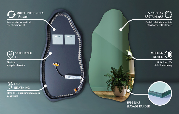 Asymmetrisk spegel fläck modern med led belysning 45x90 cm