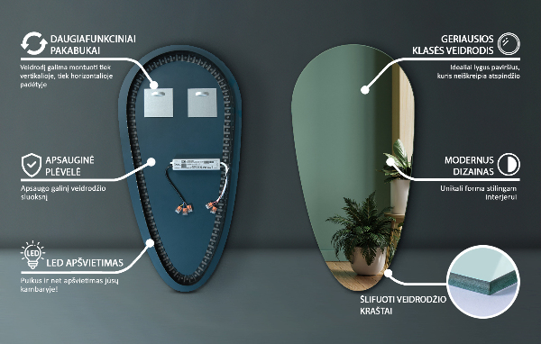 Droppformad spegel med belysning 35x70 cm