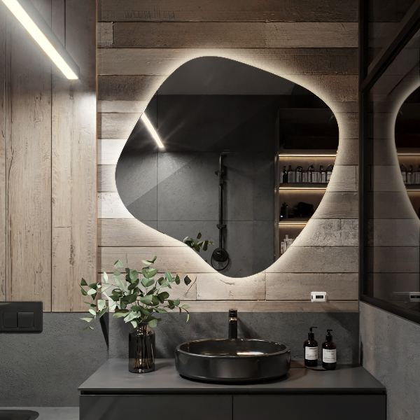 Oregelbunden spegel med led 59x58 cm