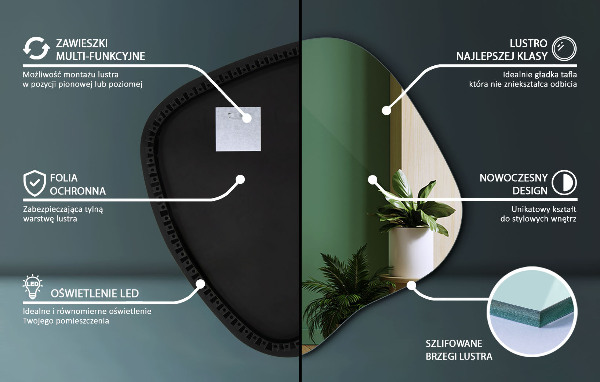 Oregelbunden spegel med led 59x58 cm